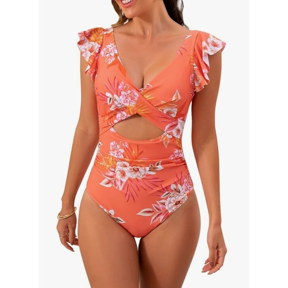Womens Med Floral One Piece Swimsuit Ruffle Sleeves & Cutout Design V Neck Wrap